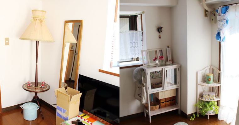 左：アンティーク調の可愛い家具　右：食器、小物がとても可愛いお部屋