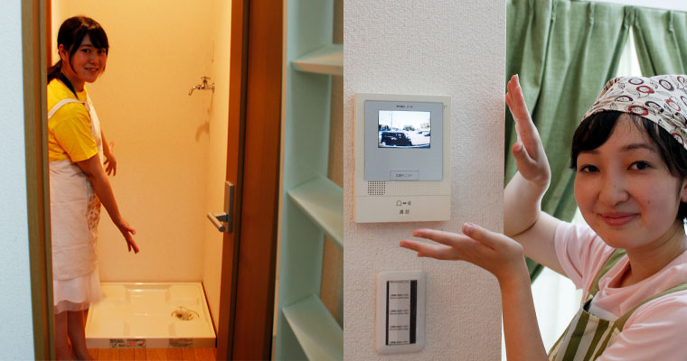 左：室内に洗濯機置き場あり　右：セキュリティも安心のモニター付きインターフォン