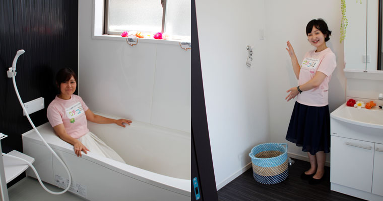左：新品の浴室は乾燥機付き　右：洗面所にも床下収納もあります