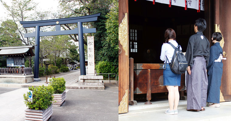 左:松陰神社に到着、厳かな雰囲気 右:井伊直弼と吉田松陰の仲直りを祈って…