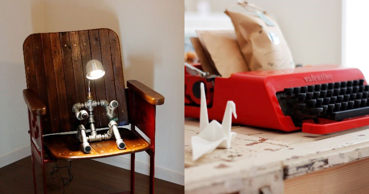 左：外国で使われた昔の映画館の椅子。韓国から取り寄せたロボット型のライト　右：赤いタイプライターと折り鶴