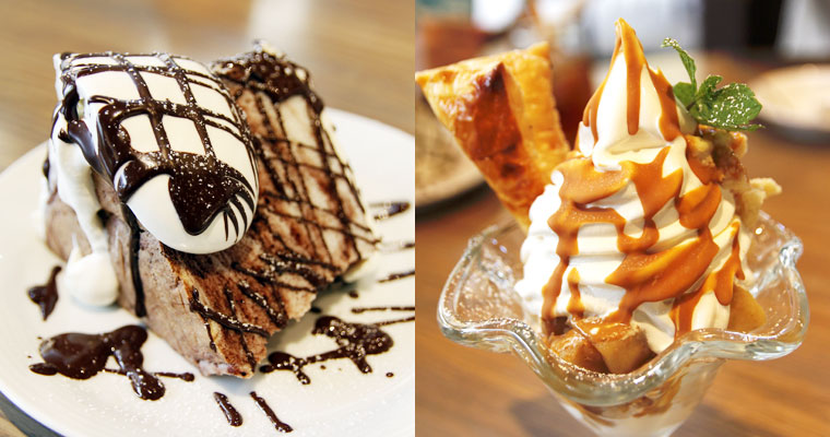 左：エンゼルフードケーキショコラ　右：アップルパイのパフェ