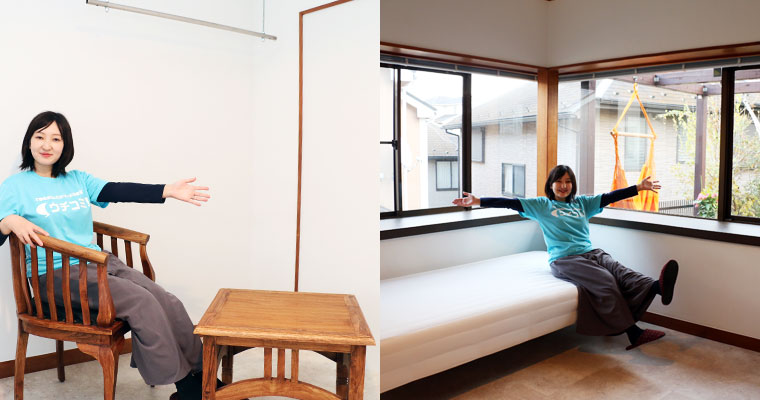左：居室に備え付けの椅子とテーブル　右：大きな窓際にベットも