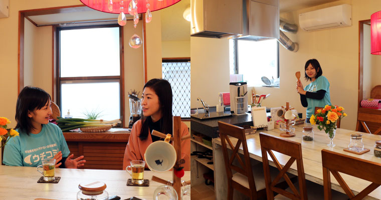 左：千春オーナーとお茶をしてます　右：共用キッチン