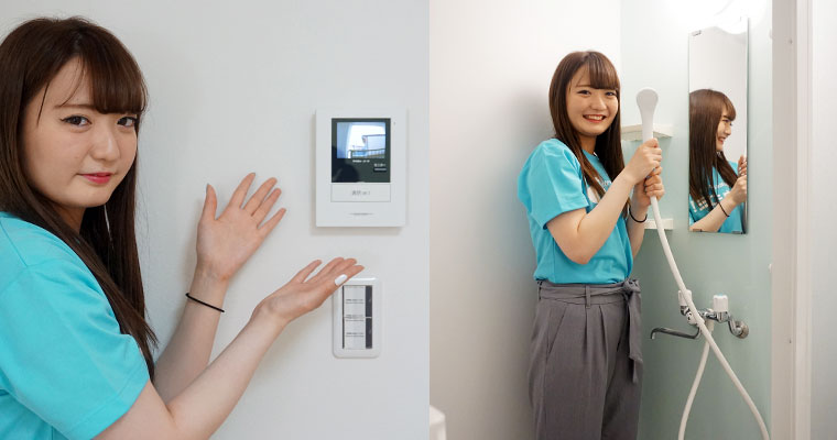 左:モニター付きインターフォン 右:水色のシャワールーム。浴槽がない分、掃除がとても楽