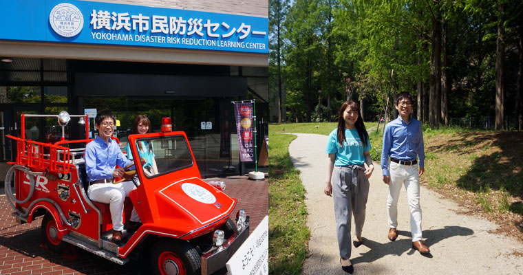 左:防災センター前の消防車に喜ぶかれん 右:公園を散歩する二人