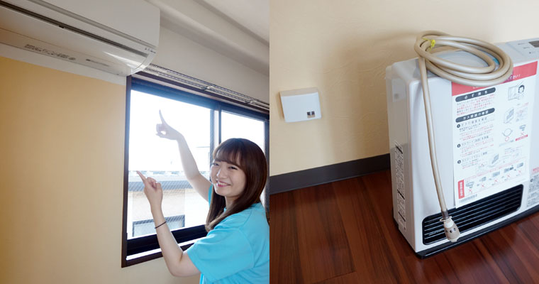 左:各部屋に設置されたエアコン 右:冬になったら大活躍するガスファンヒーター