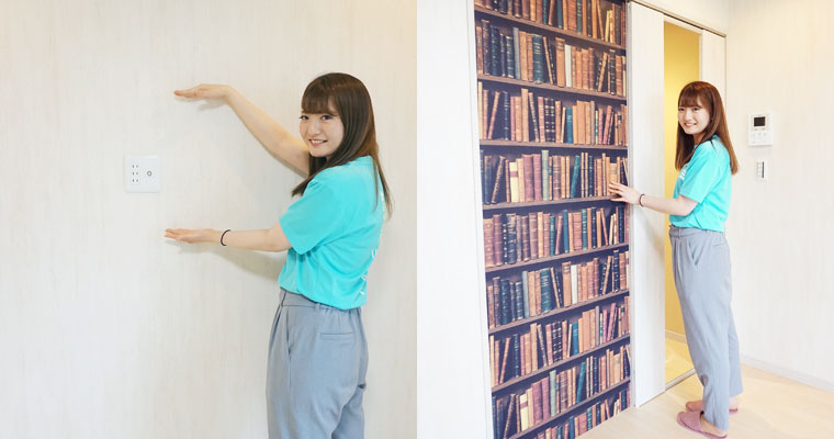 左:高い位置にあるコンセント 右:大家さんの遊び心を感じる本棚のアクセントクロス
