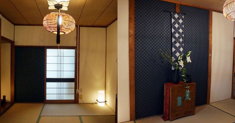 左：和室。畳を活かして暖かい雰囲気に　右：黒のアクセントクロスが印象的