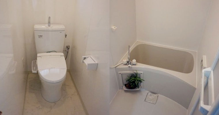 左：大理石風の床がおしゃれなトイレ　右：お風呂
