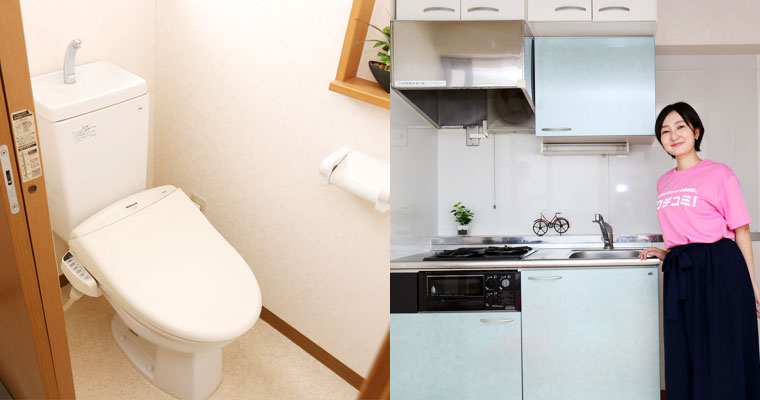 左：トイレには、小さな棚も。何を飾ろうかな〜　右：水色のキッチンは2口コンロとグリル付き。調理がもっと楽しくなる！