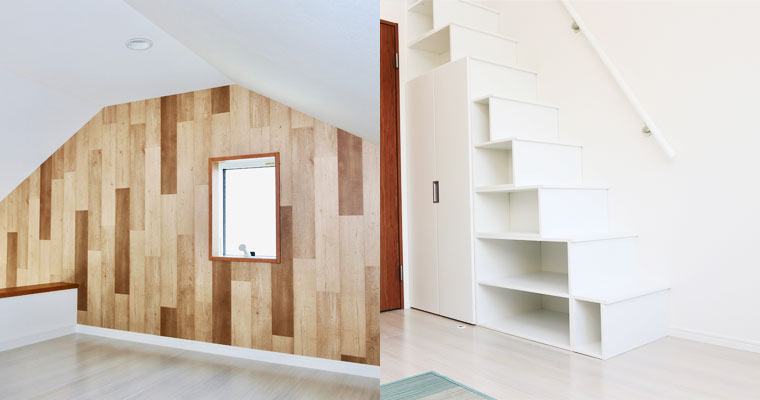 左：広々としたロフトは寝室に。生活空間と分けられて便利です！　右：階段の収納スペースには何を飾ろう！