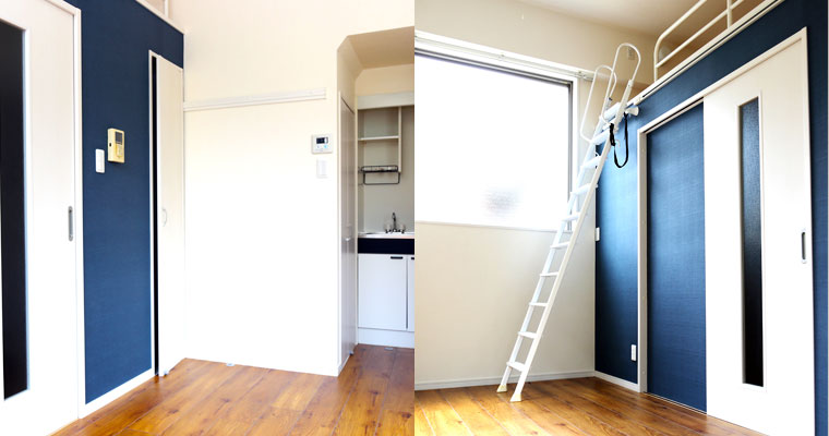左：部屋の奥にキッチン　右：群青色の壁紙