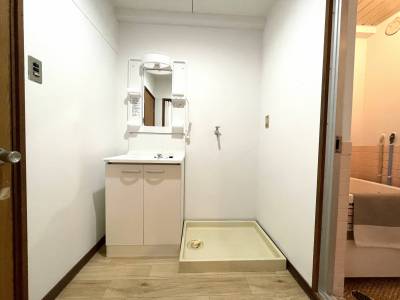 新調された洗面化粧台と室内洗濯機置場