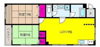 広々２LDK。バルコニーは南西向きです。