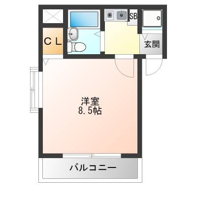 正方形に近い洋室は8.5帖で広くて使いやすい。