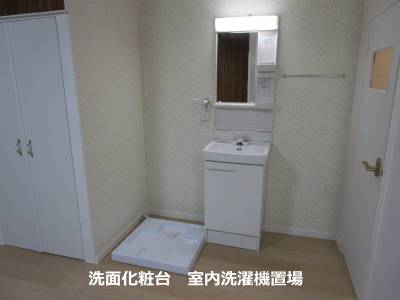 洗面化粧台、室内洗濯機置場。