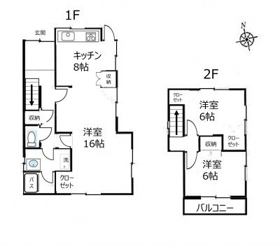 2LDKの間取りです。1階のLDが広く、開放感があります。
