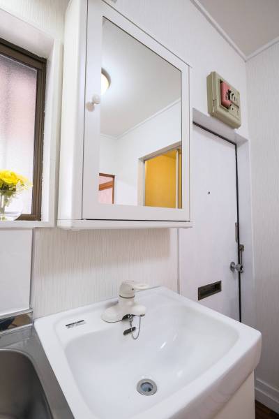 独立洗面台に大型鏡面つき収納。シングルバーで温水調整可能。