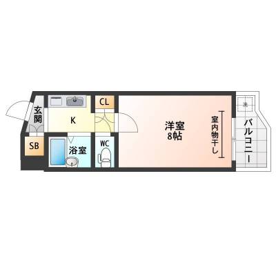 居室8畳はベッドを置いてもスペース有。着脱式室内干しき有。