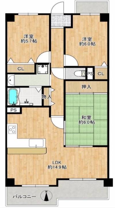 南向きのリビングと和室がバルコニーに面した明るい3LDK。