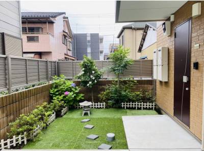 アジサイ、ヤマボウシ、シマトネリコのある日本庭園