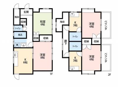 1へ階2DK 、2階1K&times;2部屋　約100㎡の大型戸建