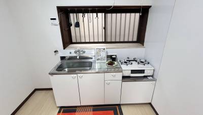新品のキッチンとコンロ。浮かせる収納付。裏手には大容量収納棚