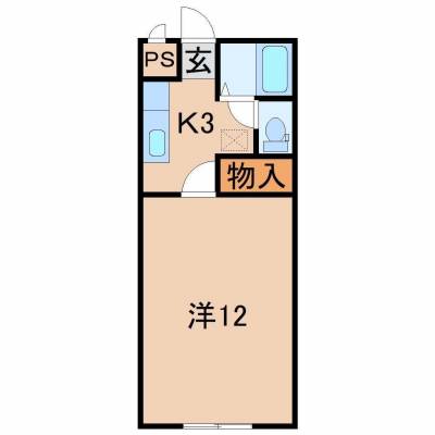 洋室12帖の1K。バス・トイレ別です