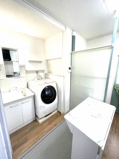 シャワー水栓付洗面台（洗濯機は現在無し）。