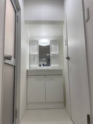 綺麗な独立洗面台。ノズル式シャワーヘッドをご用意しました