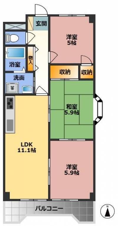 3LDK。南向きの角部屋です。