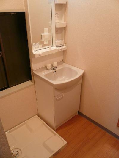 夜電気をつけて撮影した洗濯機置き場と洗面所です。