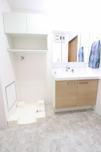 900幅の洗面台、洗濯機上収納、ドラム式洗濯機設置可能