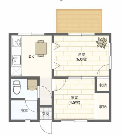 ２DKのお部屋です。広いバルコニーがついてます