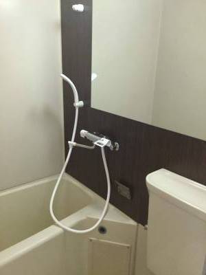 ユニットバスですが、大型の鏡と温水シャワートイレです。