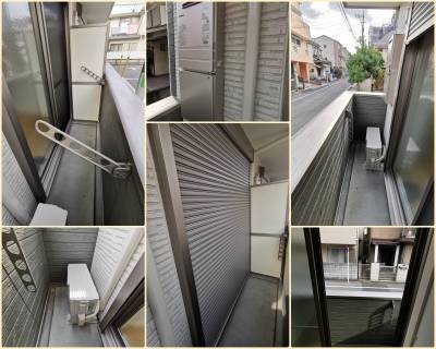 バルコニー、給湯器、防犯シャッター、物干し金物とペアガラス