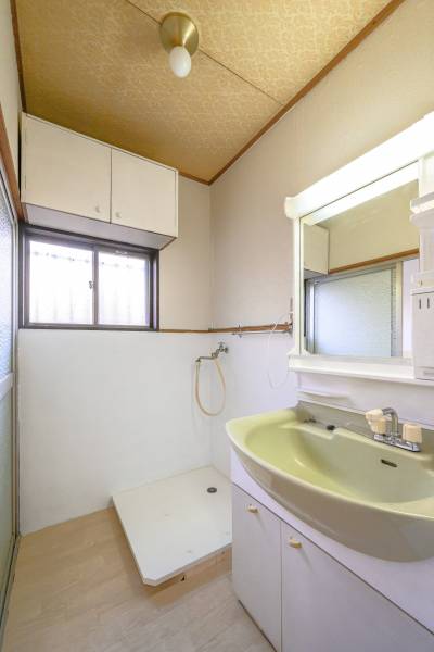 洗面台は一般的なボウルより大きい。奥は室内洗濯機置き場。