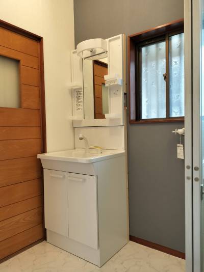 洗面台も新品。シャワー水栓で掃除も楽です。