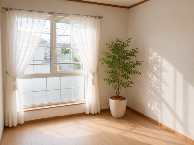 南向きの明るい居室。カーテン、観葉植物はイメージです。