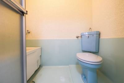 トイレはシャワーカーテン、収納棚を用意しています。