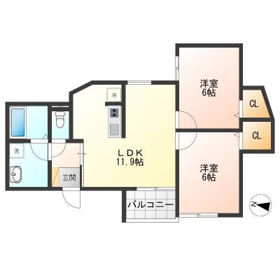 6帖の洋室が2つある広々とした2LDK
