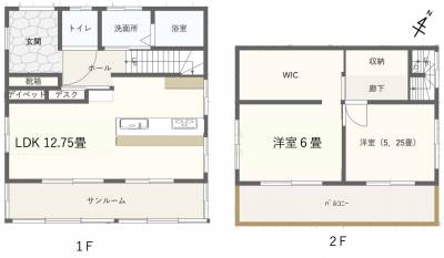 ２LDK、広々としたサンルームとバルコニーがございます。