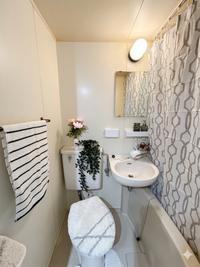 清潔感のあるバスルーム。コンパクトながらお手入れのしやすさ◎