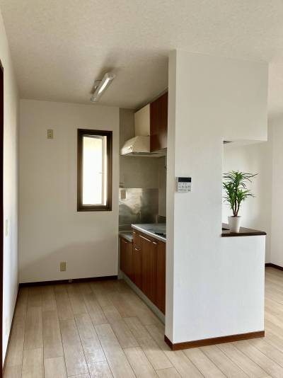 たっぷり収納付きの対面式キッチン（写真は101号室）。