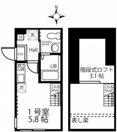 1R 16.57㎡（居室）＋5.19㎡（ロフト）階段下収納