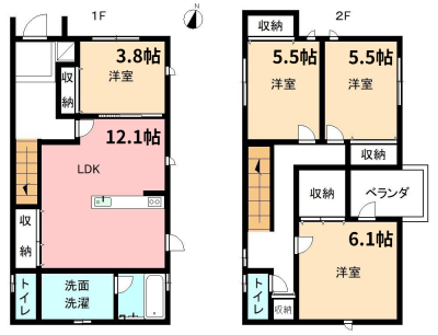 90.56平米4LDKの戸建、全室洋室で全室クローゼット有