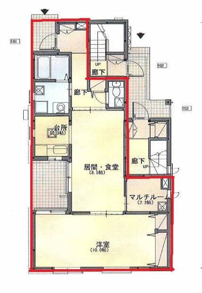 赤枠内が101号室の専有部分です