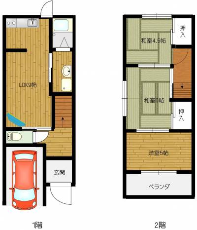 3LDKの間取りです。2階の和室には収納が豊富です