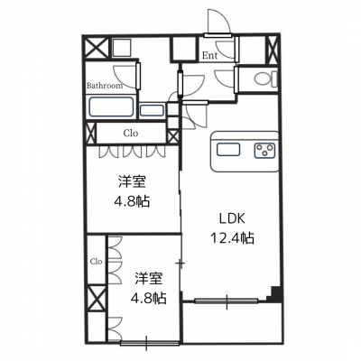 専有面積54.00㎡、使い勝手の良い2LDKの間取りです。